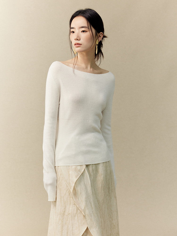 Simple Smooth Rib Boat-Neck Slim Classy Knit