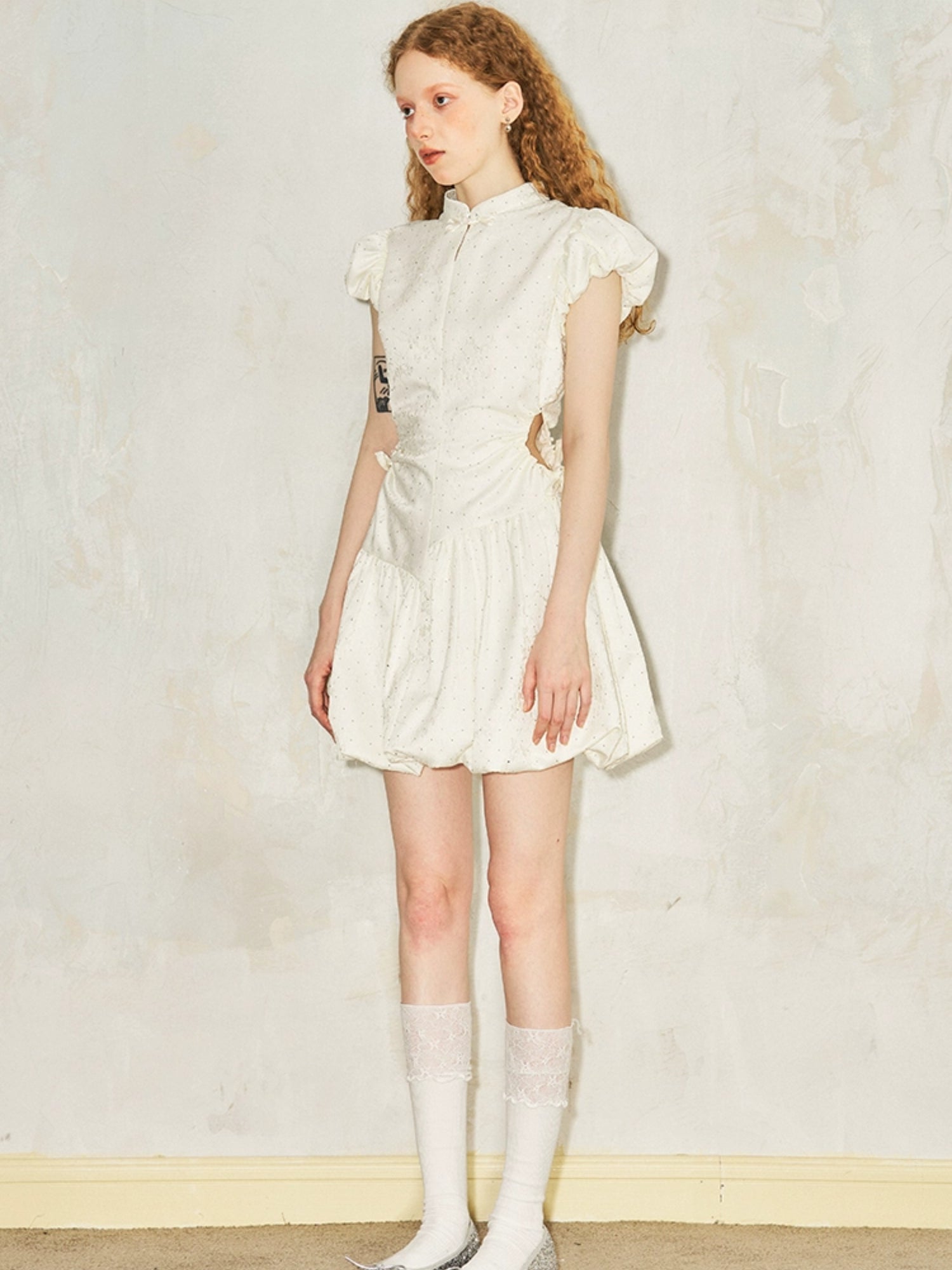 Puff Sleeve Waist Hollowed-out Wrinkled Dress