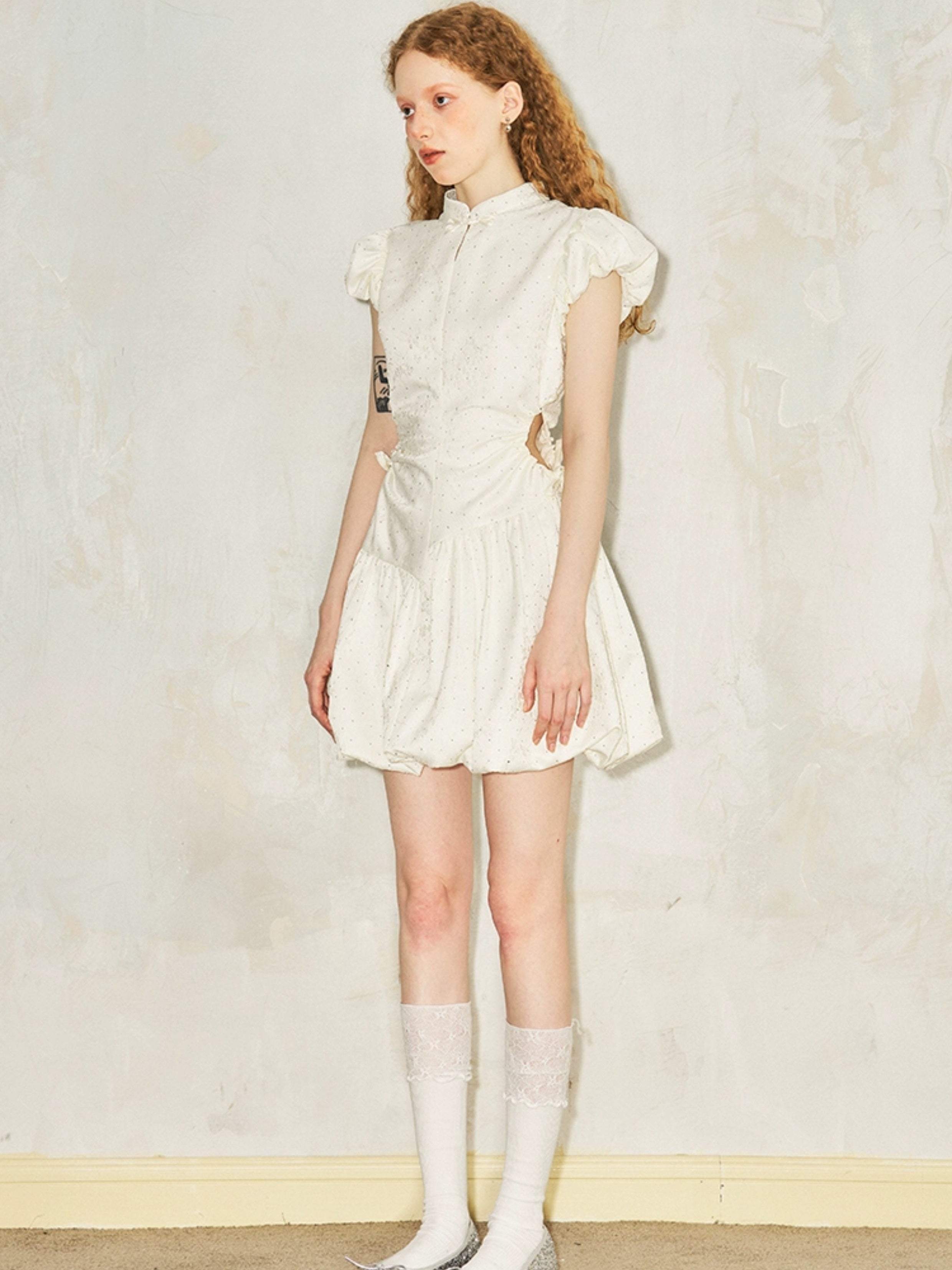 Puff Sleeve Waist Hollowed-out Wrinkled Dress