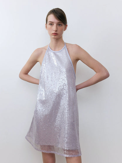 Pearlescent Three-dimensional Sequin Halter Neck Dress