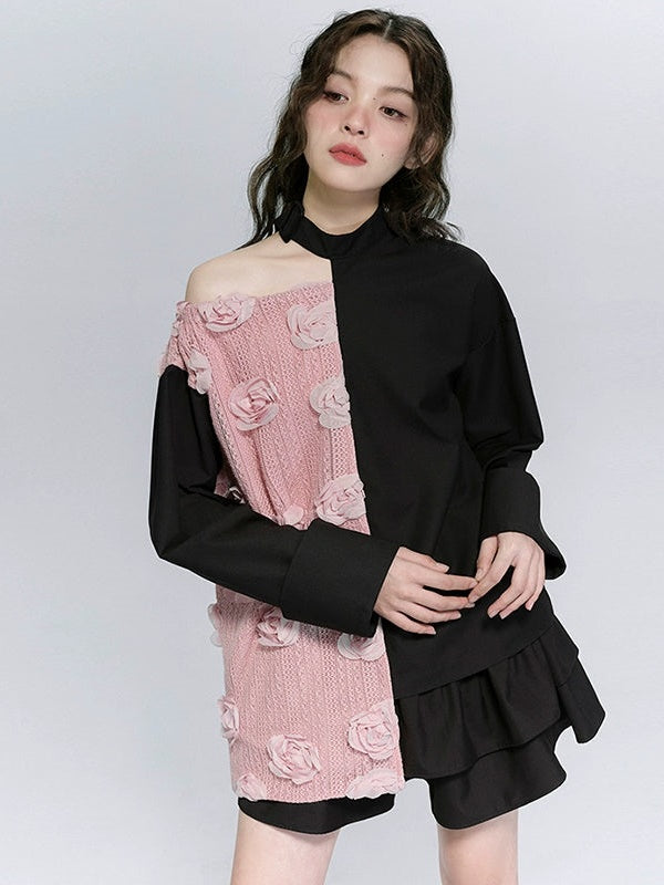 Flower Round Neck Cut-Shoulder Patchwork Top