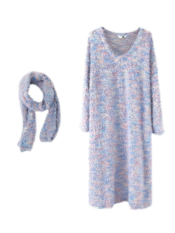 Mix Color Shaggy Touch Pullover Knitted ＆ Dress