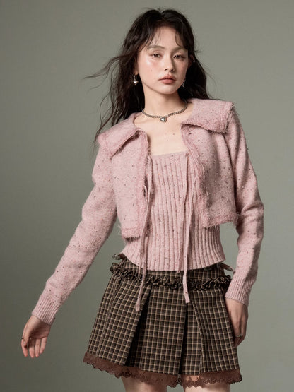 Big Collar Cropped Knitted Cardigan &amp; Camisole Set-up