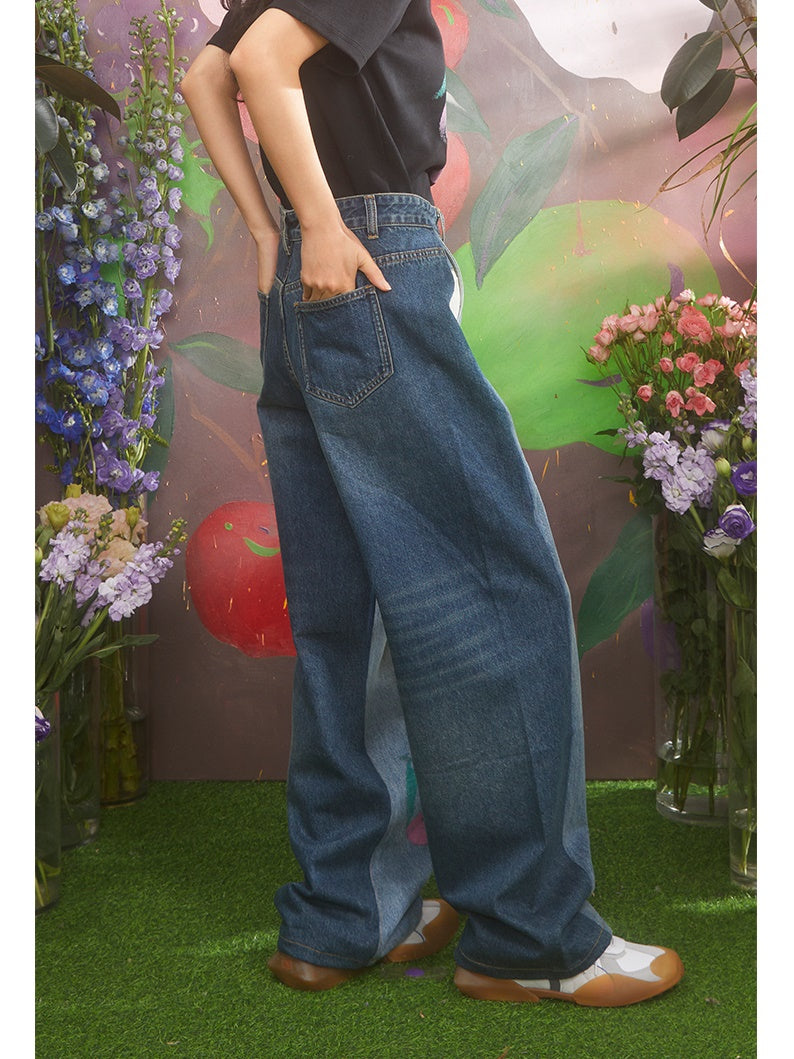 Pantalon de denim de couture à contraste à imprimé cerisier