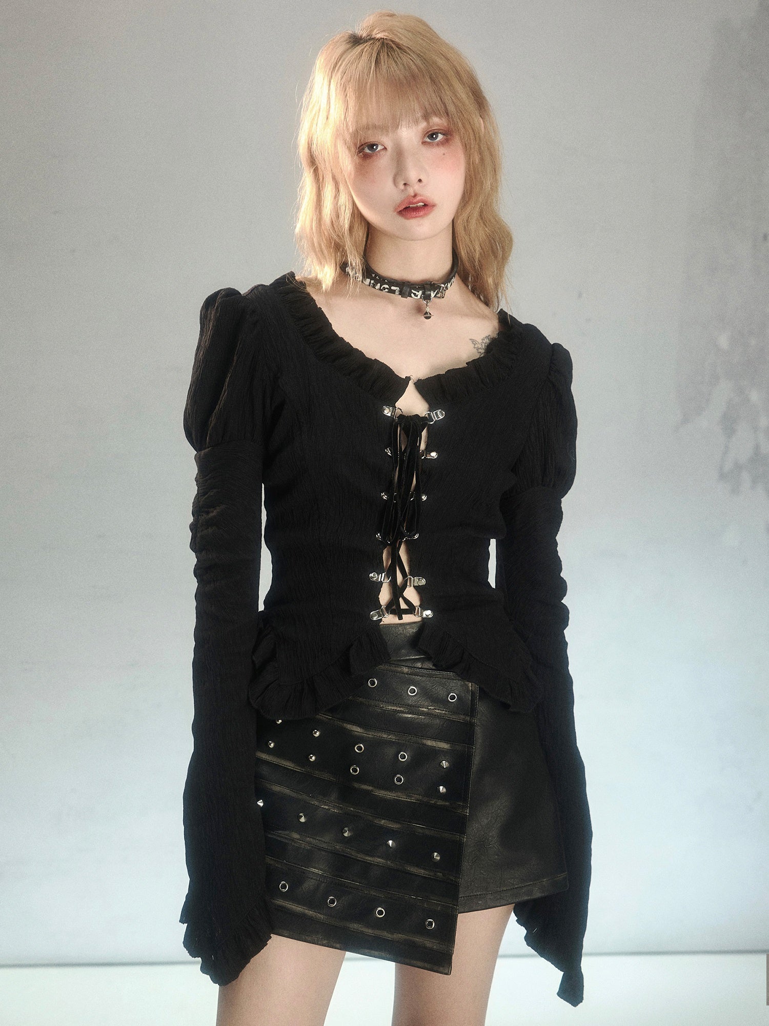 Lace-Up Slim Fit Ruffled Bell Sleeve Shirt