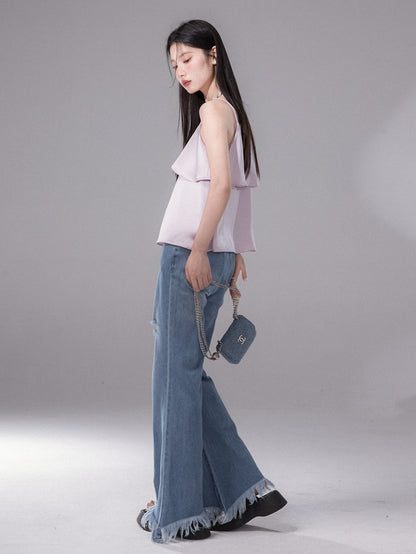 Mopping Raw Edge Flared Denim Pants