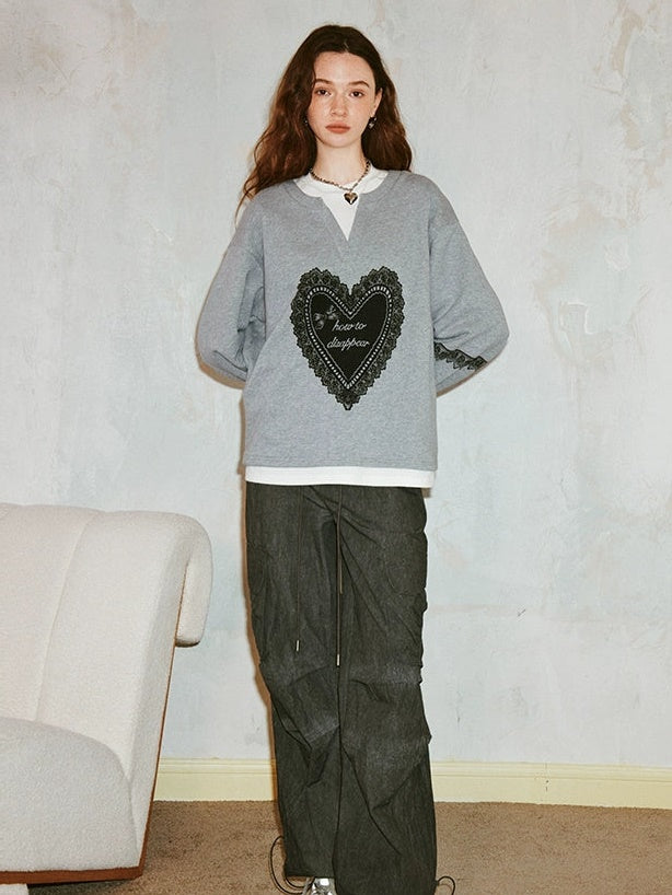 Fake Two-piece Lace Love Print Loose Sweat