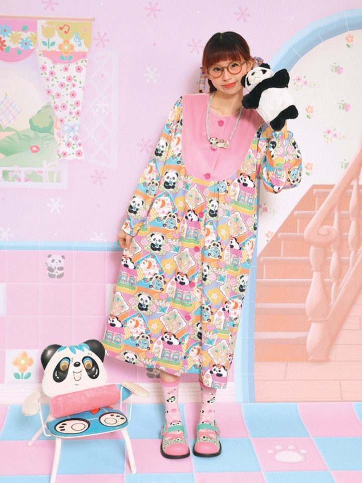 Velvet Stitching Panda Print Loose Coat Dress