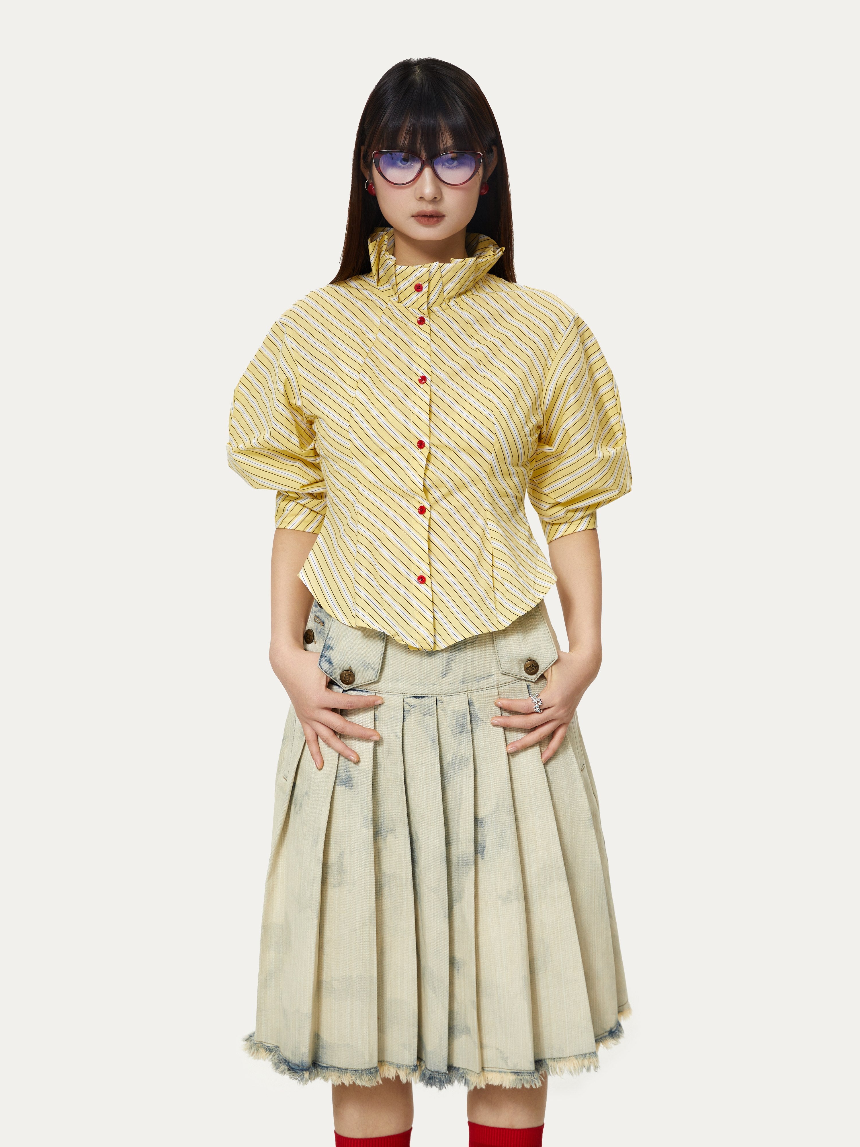 Washed Faded Heavy Duty Denim Pleated Skirt