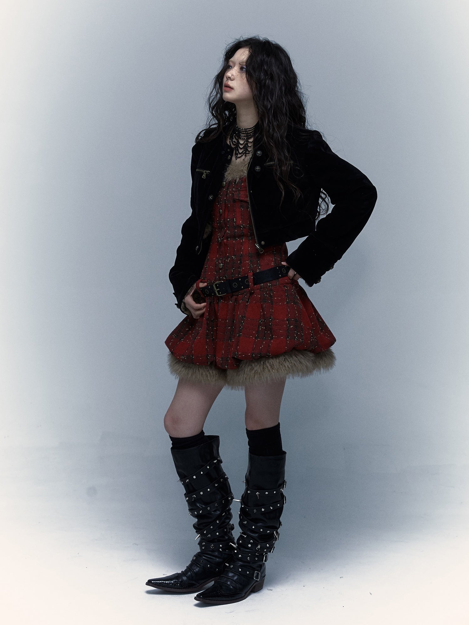 Plaid Splicing Bare Top Suspender Bud Dress