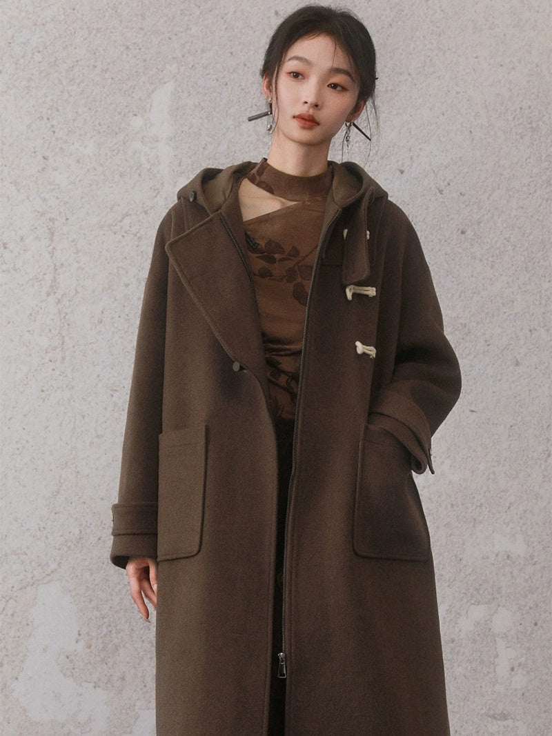 Horn Button Hooded Mid-Length Coat