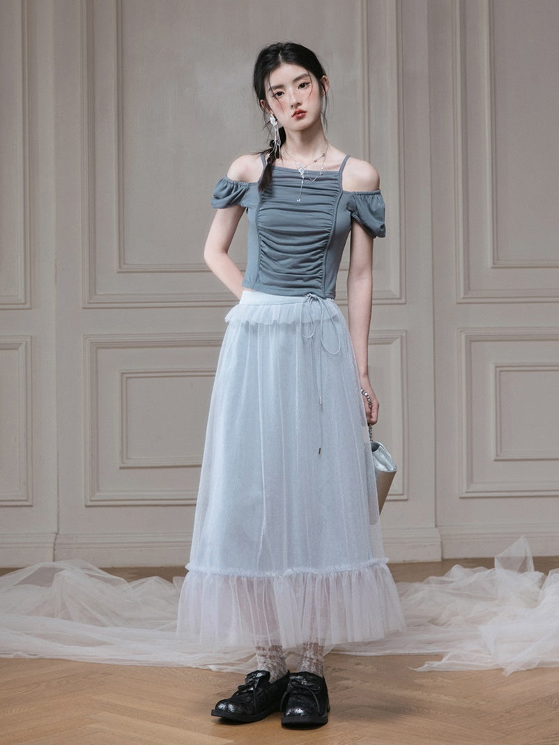 Mesh Ruffle Long Sheer Skirt