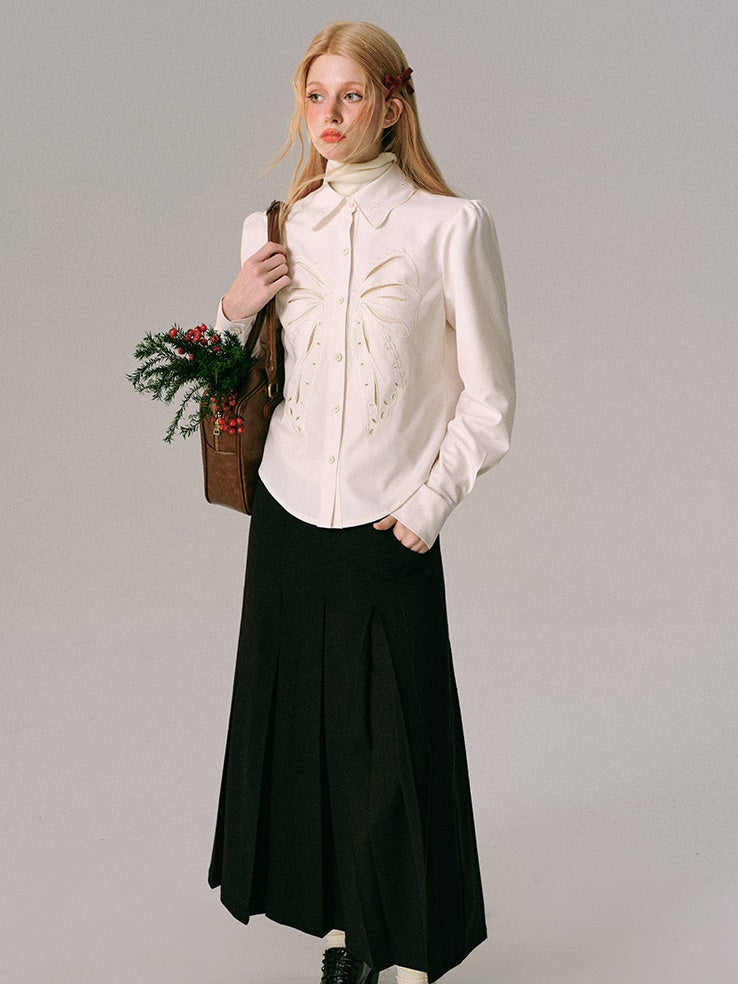 Bow Cut-out Embroidered Long-sleeved Shirt