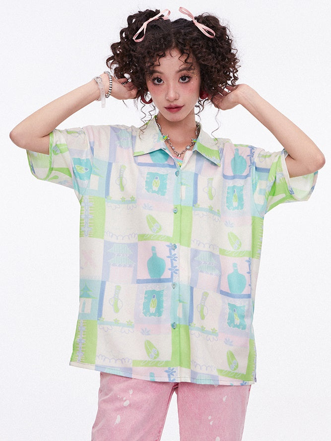 Retro Print Short-sleeved Shirt