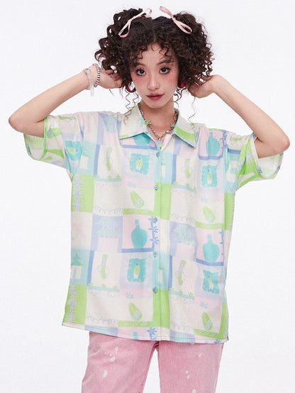 Retro Print Short-Sleeed Shirt