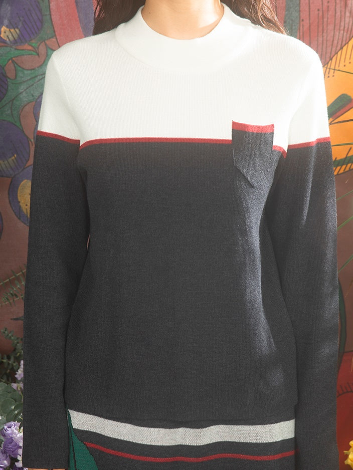 Contrast Color Patch Pocket Knitted Sweater