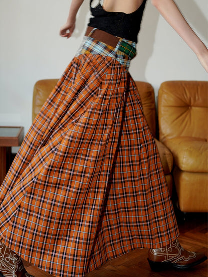 Retro Plaid Stitching Long Skirt With Belt