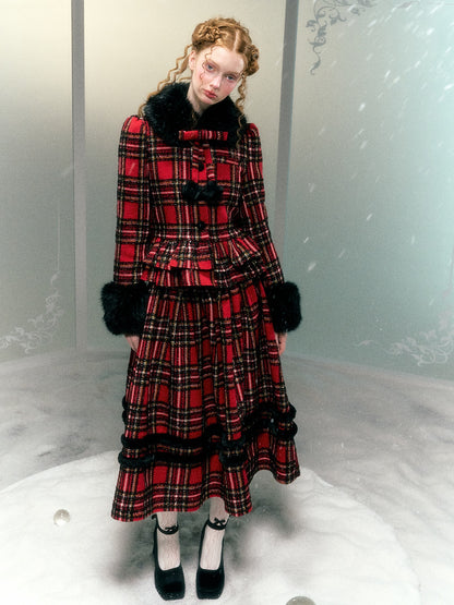 Plaid Detachable Fur Collar Fur Ball Short Coat &amp; Mid-Length Skirt