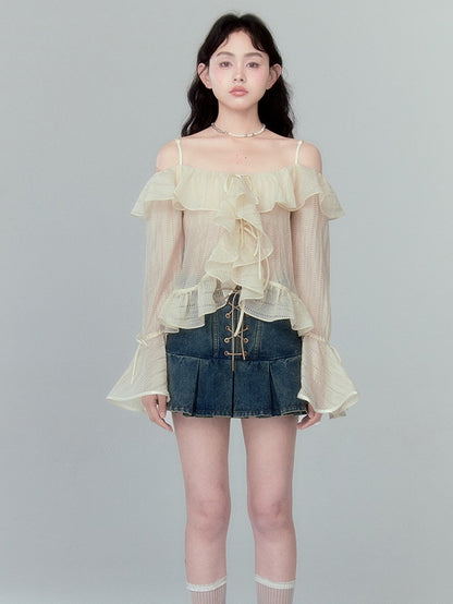 Trumpet Sleeve One Shoulder Lotus Leaf Chiffon Shirt