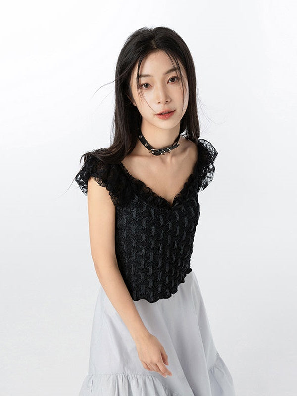 Lace Flying Sleeve Denim Top