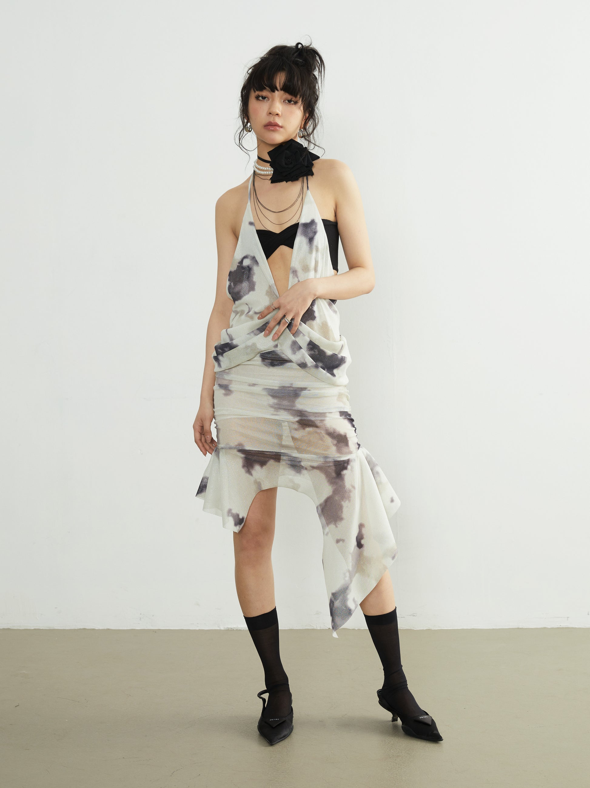 Open back Printed Knitted Suspender Dress