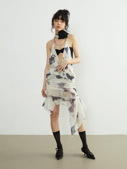 Open Back Printed Knitted Suspender Dress