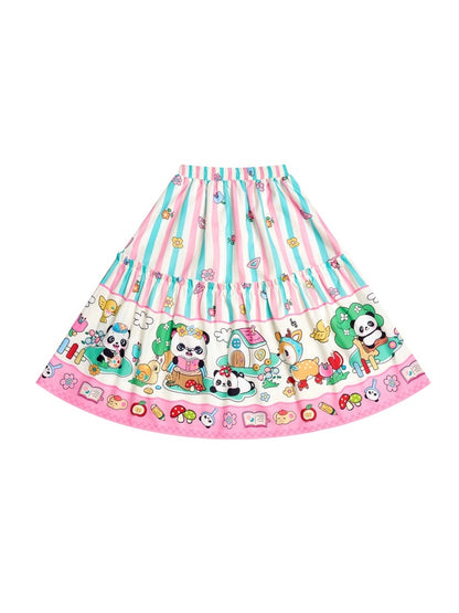 Striped Patchwork Panda Cartoon Printed Skirt