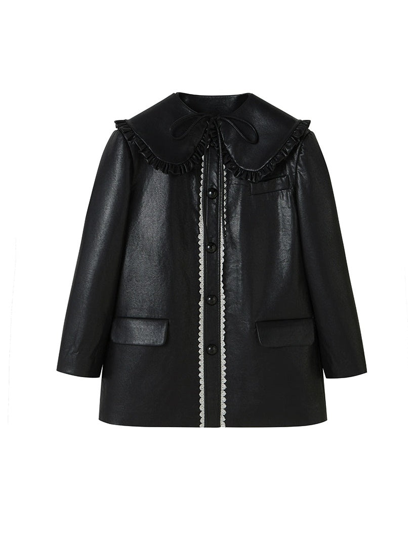 Detachable Fake Collar Lace Leather Jacket