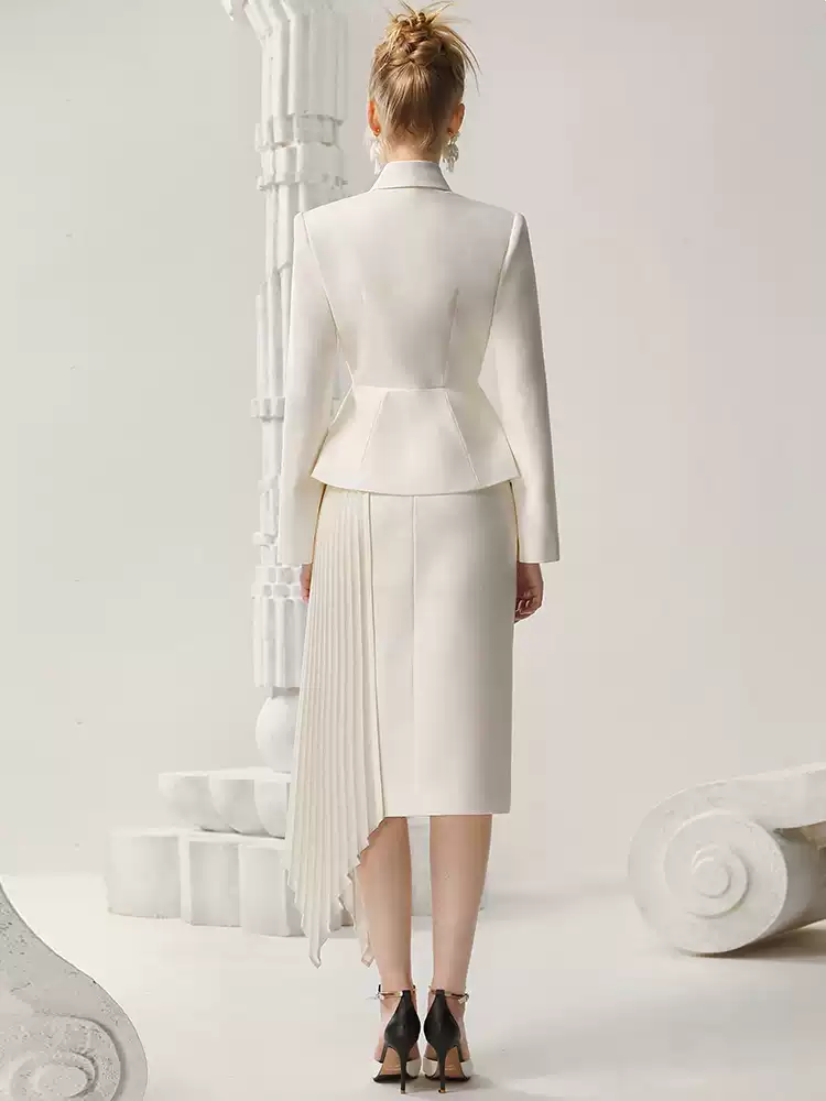 Set-Up Broach Asymemtry Pleats Peplum Suit Jacket＆Long-Skirt