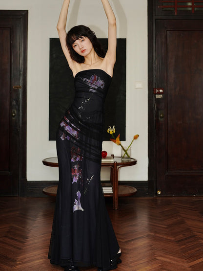 Chinese Style Print Slim Mesh Long Strapless Dress