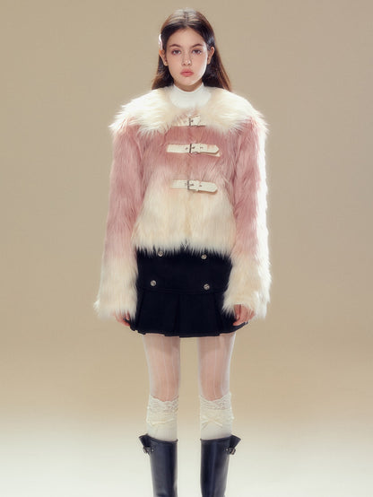 Gradient Long Hair Leather Buckle Friendly Fur Jacket