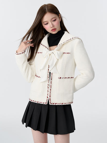 College -Style -Marinekragen Bow Tweed gepolsterte Jacke