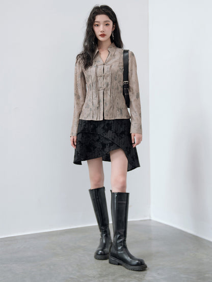 Flocking Chinese Button Asymmetry Jacket ＆ Skirt