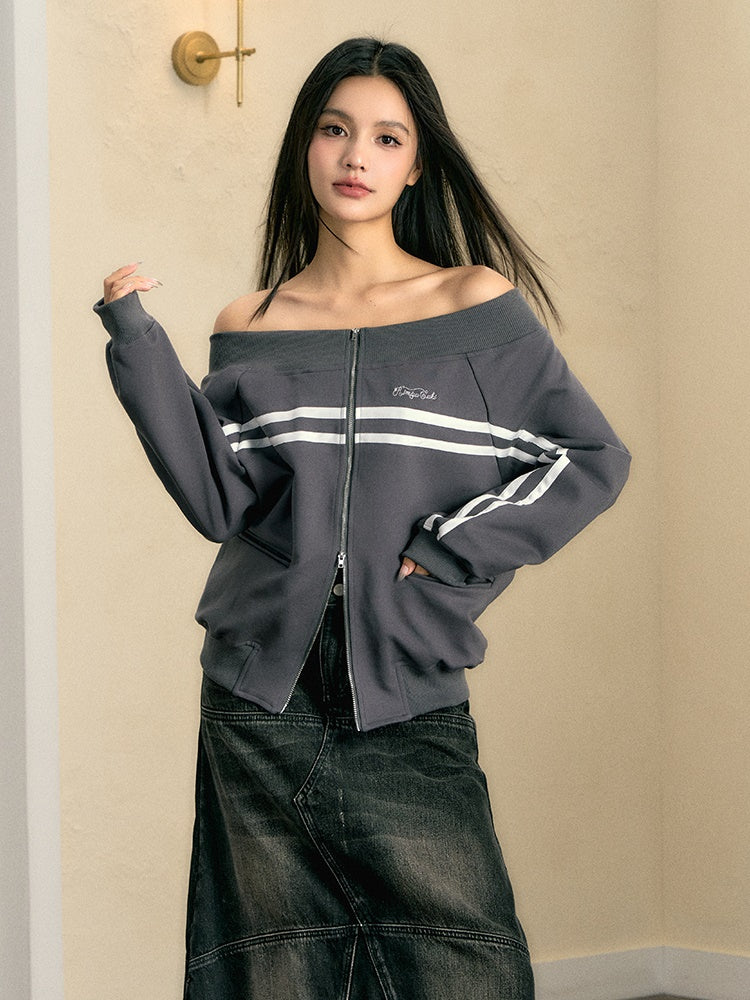 Off-Shoulder ZIP-Up Sports Casual Jacket