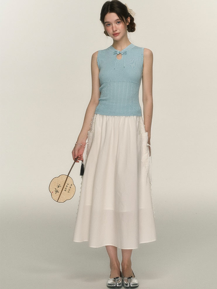 Side Lace Stitch Long Gather Skirt