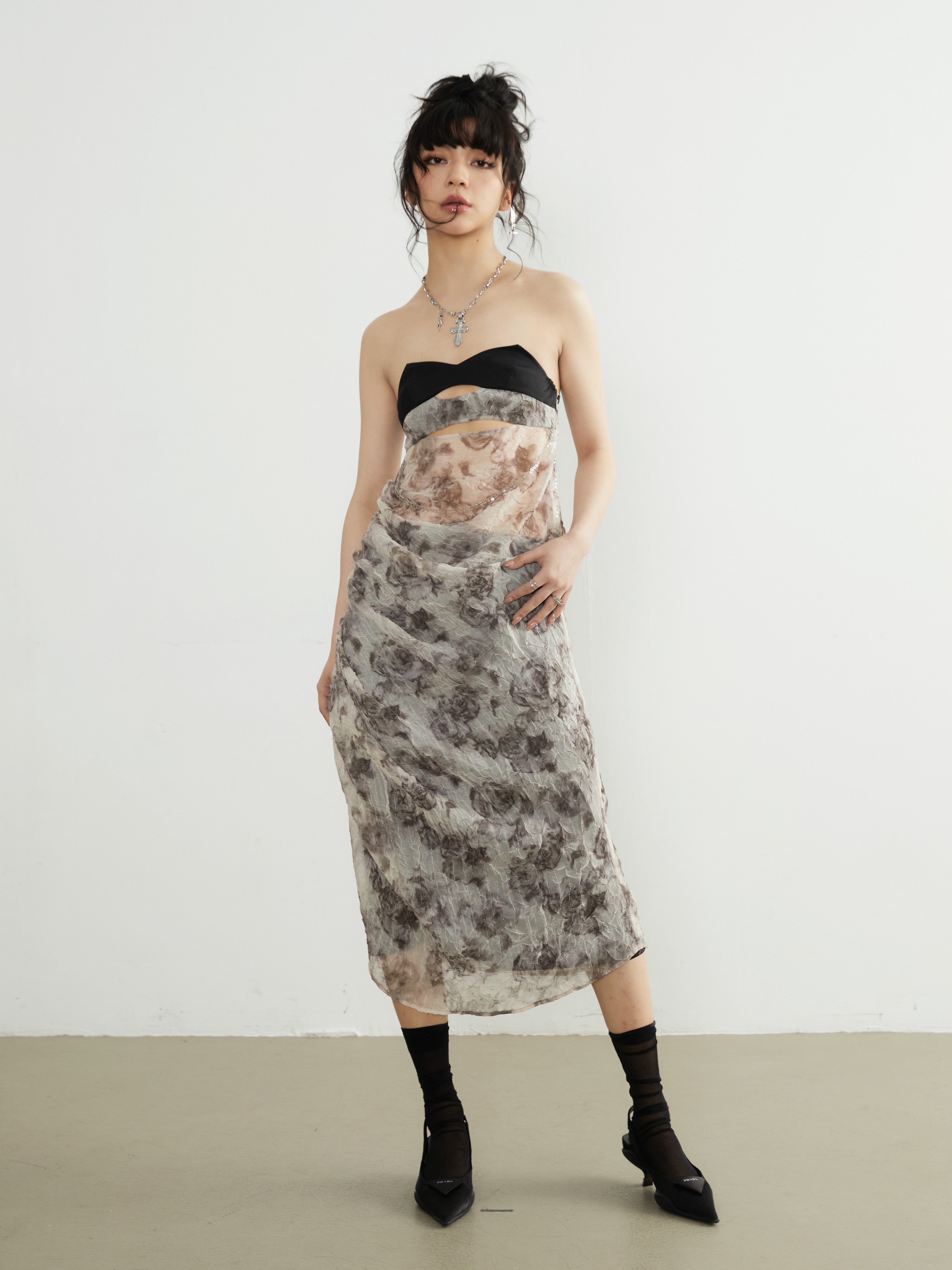 Modern Print Hollow Dress With Petticoat