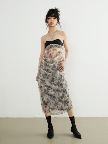 Modern Print Hollow Dress with Petticoat