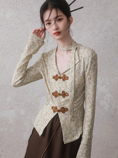 Chinese Style Plate Button Streamer Long-sleeved Shirt