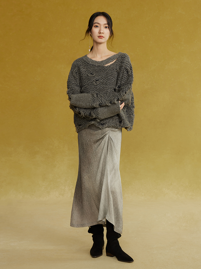 Contrasting Color Round Neck Loose Hole Sweater