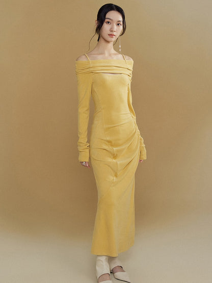 One-shoulder Long-sleeved Brushed Long Knit Dress