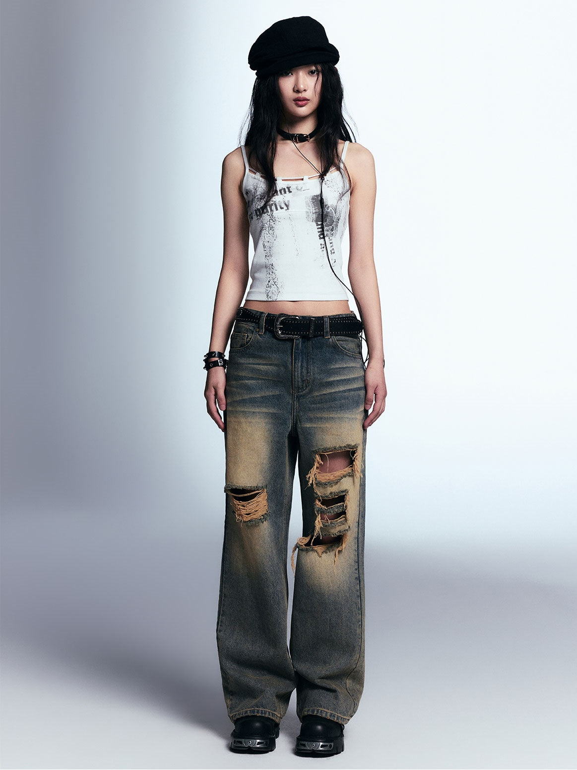 Distressed Ripped Raw Edge Loose Straight Jeans