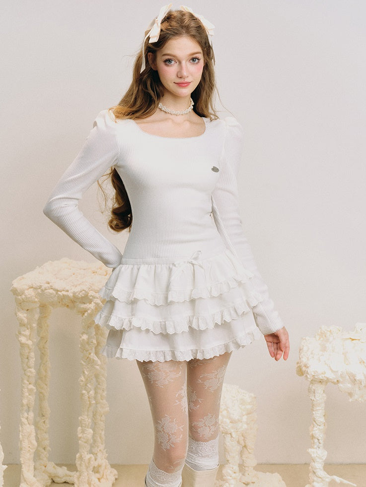 U-neck Puff Sleeve Switching Design Puffy Cake Dress