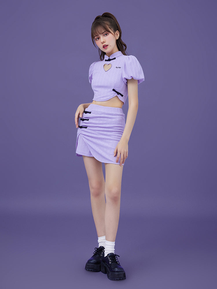 Chinese Style Retro Puff Sleeve Top ＆ Short Skirt