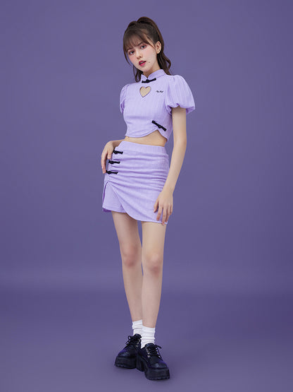 Chinese Style Retro Puff Sleeve Top &amp; Short Skirt