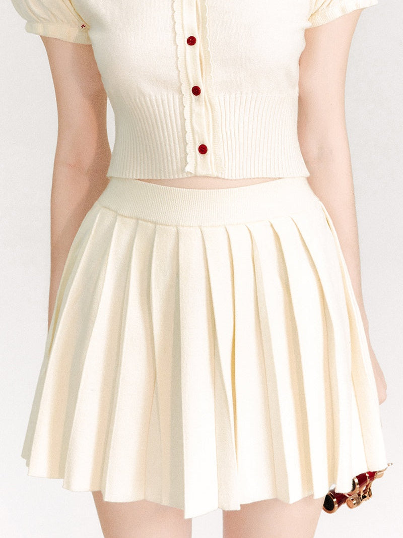 Puff Sleeve Knitted Sweater ＆ Pleated Mini Skirt