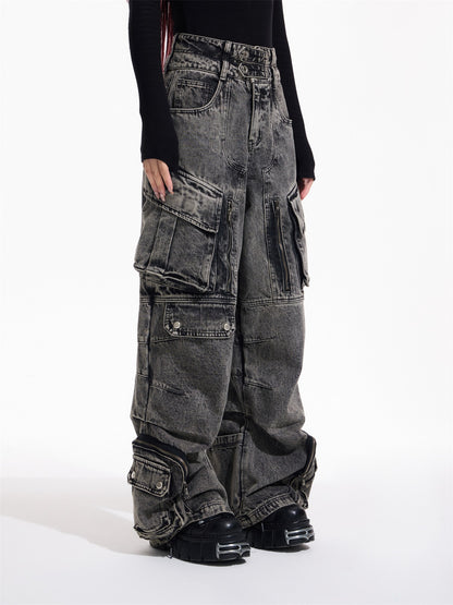 Faded Denim Wide-Leg Causal Pants