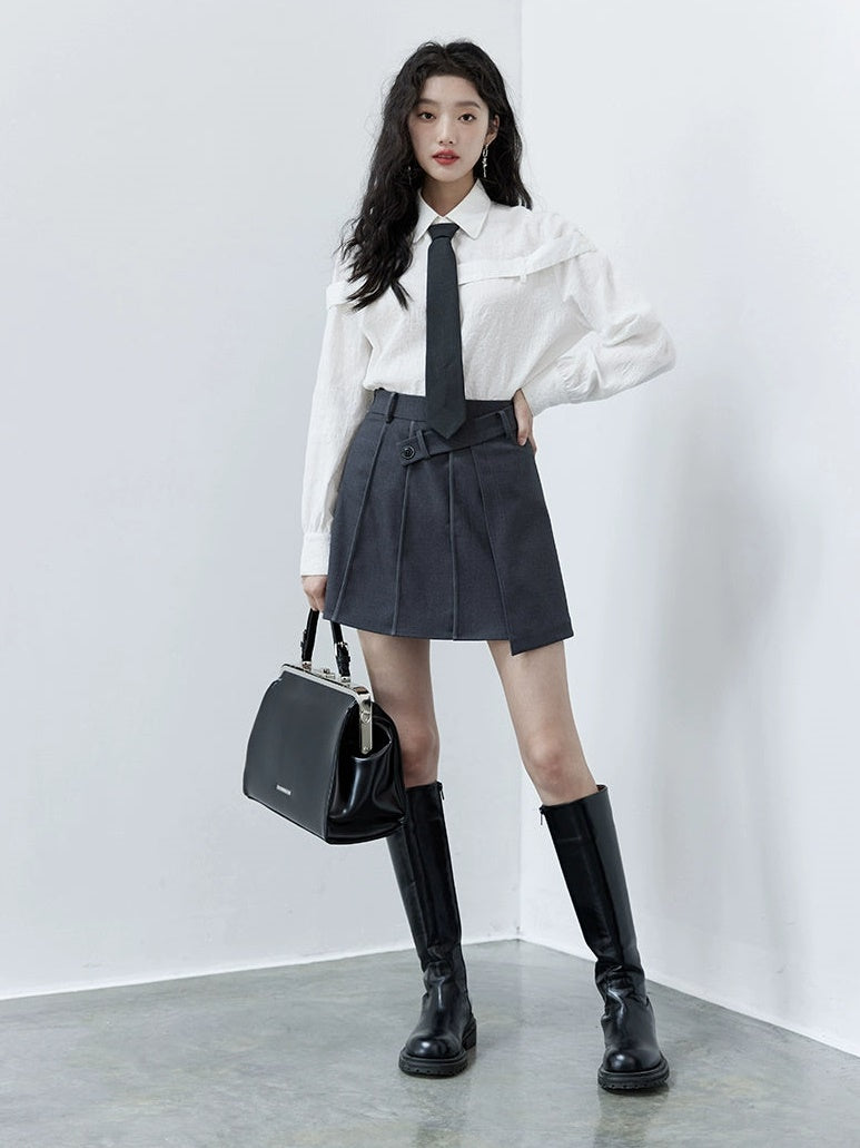 High Waist Oblique Buckle Pleated Skirt