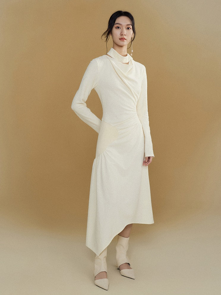 Gathered Spliced Swing Collar Dress