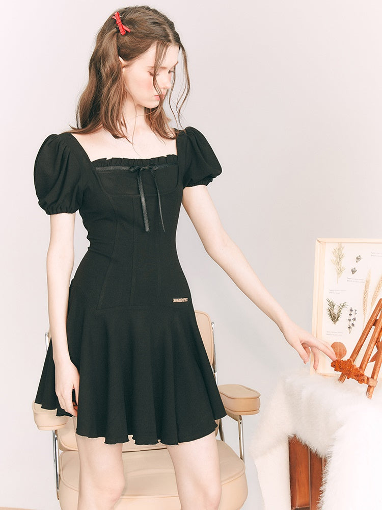 Elasticity Cut-sew Puff Sleeves One-piece