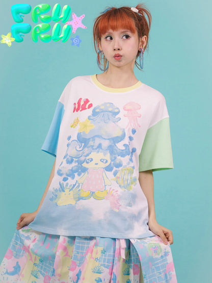 Contrast Color Jellyfish Cartoon Illustration T-shirt